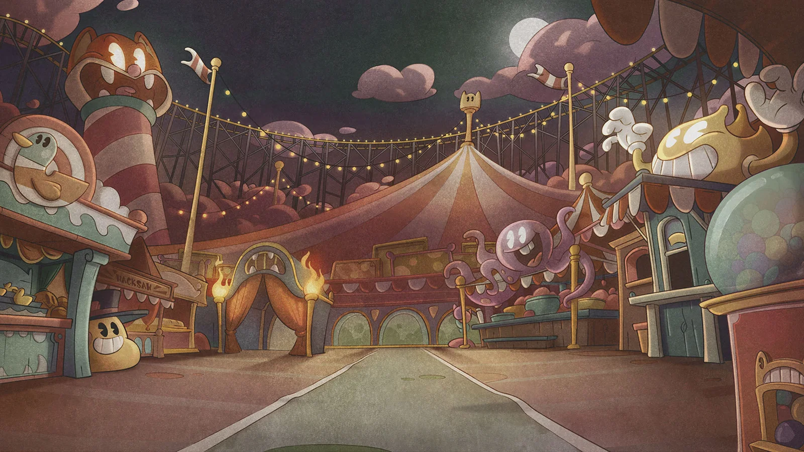 Red Rascal carnival midway with moonlit rides and devilish stalls