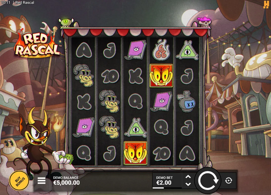 Red Rascal base game with five columns of carnival symbols and two Rascals